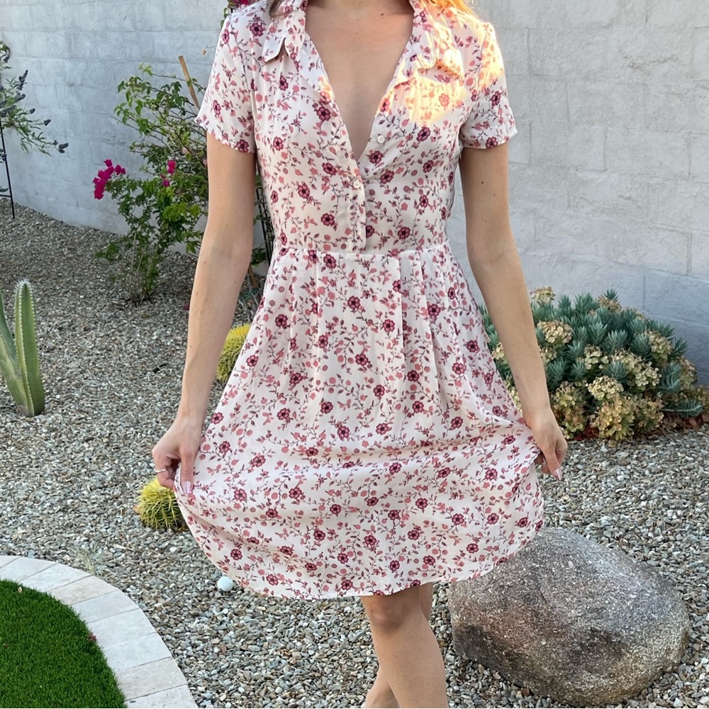 WAYF cream and pink floral shirt sleeve dress with button front sun dress - Picture 4 of 16